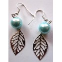 boucles d'oreilles feuilles argentées perles nacrées turquoise