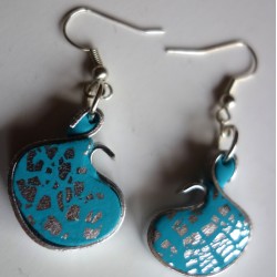 Boucles d'oreilles fimo turquoise et feuille d'argent serties fil alu