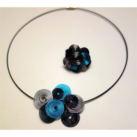Collier multitorsades turquoise gris et noir