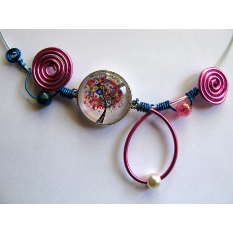 Collier arbre rose et bleu